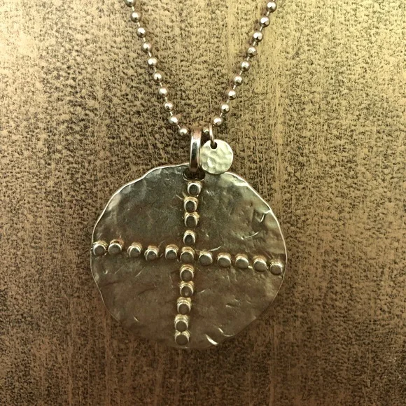 Gold ball chain necklace and 1-3/4” disk w/dotted cross & tiny charm by Chico’s - Picture 3 of 10